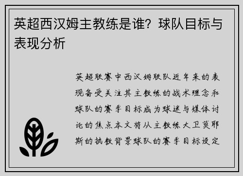 英超西汉姆主教练是谁？球队目标与表现分析